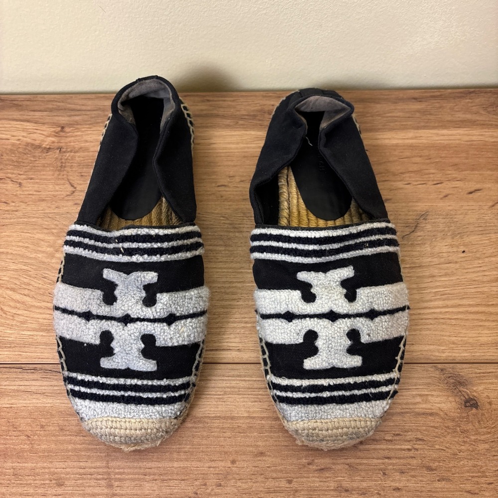 TORY BURCH Womens Double T Espadrille Flats Size 8.5 Black‎ White Stripe Casual - Picture 5 of 11